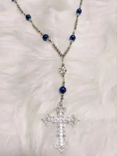 ハンドメイド メタリック 青 パールビーズ ロザリオ 十字架 ゴシック Y2K