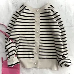 ナノユニバースライトスポンディッシュパールボタンカーディガンボーダー柄