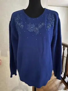 レディースビーズ刺繍青長袖ニットセーター