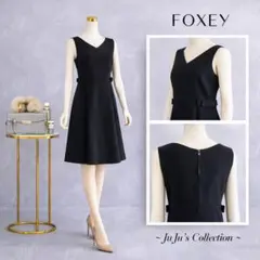極美品★FOXEY/フォクシーリボンワンピース ミッドナイト 40