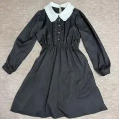 黒 ブラック フリル襟長袖ワンピース