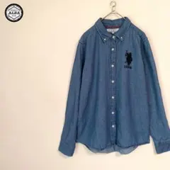 U.S POLO ASSN.　デニムシャツ　刺繍　ブルー　ボタンダウン　長袖　L