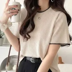 【美品】クラシカルエルフ 配色リブニット 半袖 アイボリー Mのサムネイル