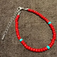 ラ*3様 ブレスレット レッド ターコイズ グラスビーズ アジャスター付き