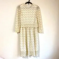 パーティドレス パール衿　総レース 長袖ワンピース ホワイトゴール　古着　レア