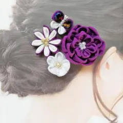 和装やお祭りなどに◎紫色の蝶々と花つまみ細工Uピン・ヘアクリップ＆コサージュ
