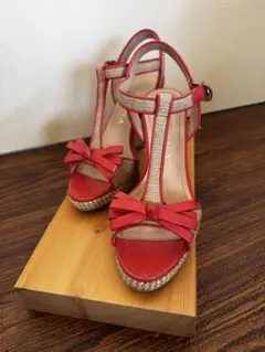 【DIANA】赤 リボンサンダル ウェッジソール サンダル レディース　S