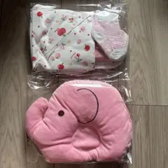 出産祝い　ベビー服(いちご柄、ピンク)エレファントクッションセット