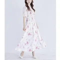 【新品】トッコクローゼット スリットスリーブ水彩ラインフラワープリントワンピース