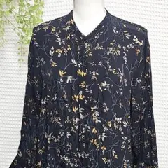 ☆ MARK STYLER(F)ボタニカル柄 シャツワンピース ネイビー 透け感