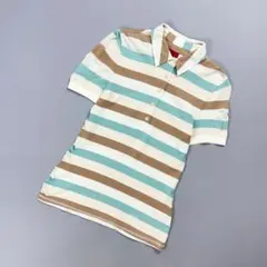 ヒューゴボス ボーダー半袖ニットポロシャツ 薄手 ミント ブラウン S*HD9