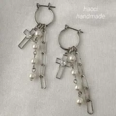 #460-2クロス×パール×チェーンじゃらじゃらフープピアス/イヤリング変更可