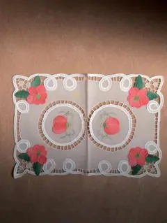 美品！中国汕頭刺繍、ピンクの花のアップリケ手刺繍テーブルセンター、ドイリー