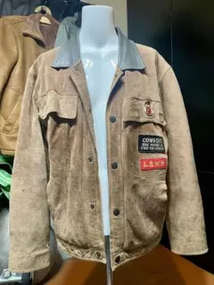 ブラウン スエードジャケット レザー襟付き 豚革 ヴィンテージ？ L 古着