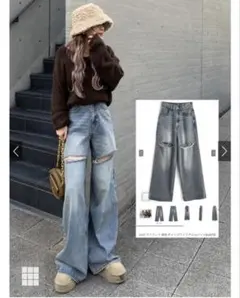GRL ILLIT アイリットBEB ダメージワイドデニムパンツ[cu579]S