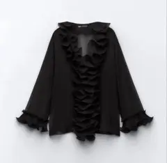 ZARA セミスリーブフリルブラウス ブラックXS