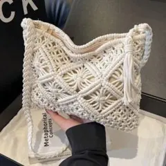 マクラメ編み ショルダーバッグ ホワイト 韓国風ナチュラル 夏コーデ