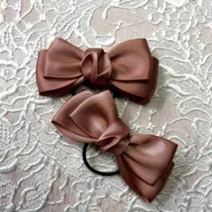 ピーチブラウン リボンヘアゴム 2個セット