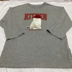 猫ちゃん ニット帽 プリント Tシャツ 七分袖 Lサイズ グレー KITTEN