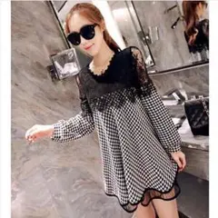 新品送料無料♪長袖千鳥格子柄ゆったりワンピース(00289)