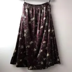 ベロアスカート ブラウン 花柄 ゴムウエスト フレア ロング 古着 ベルベット
