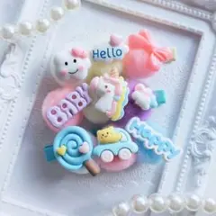 (44)単品OK ゆめかわ ヘアピン♡ ハンドメイド ユニコーン 白ピンク 平成