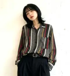 美品】MELANGE ストライプ総柄シャツ M ドット レトロモード マルチ 