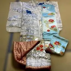 花嫁シルバー系打ち掛けとブルー系振袖 セット　花柄 波模様