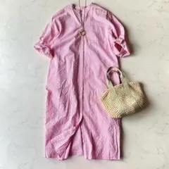 アーバンリサーチドアーズ バンドカラー 7分袖 ロングシャツワンピース ピンク