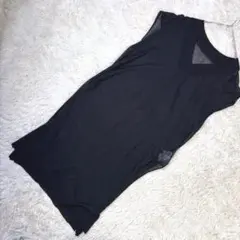 涼感 Vネック レーヨン混 ブラック ロングワンピース ノースリーブ マキシ丈