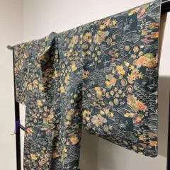 小紋　花模様　青海波　楓　菊　亀甲　観世水　グリーン　着物　042t