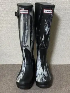 【極希少】 HUNTER ロング レインブーツ ブラック×ホワイト マーブル柄