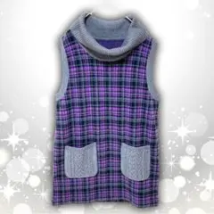 ニット　オフタートル　ノースリーブ　チュニック　パープル　チェック　フリー