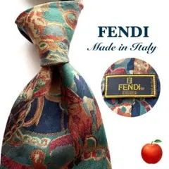 ✨美品✨フェンディ　ネクタイ　グリーン　ベージュ　総柄　馬　イラスト　シルク