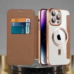 iPhone 16Proケース手帳型ブラウンゴールドMagSafe対応カード収納
