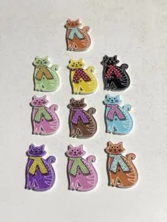 ハンドメイド　ウッドボタン　木製　猫　パステルカラー　10個セット