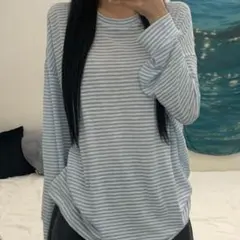 amood ボーダー透けTシャツ ブルー ストライプ 長袖