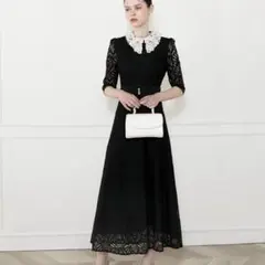 Leja レースビックカラー花柄刺繍ウエストマークロングドレス お呼ばれ