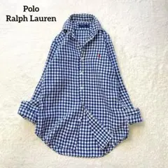 大人気♪【ラルフローレン】リネンギンガムチェックシャツ ブルー×ホワイト L相当