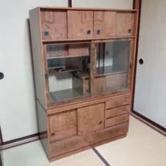 木製茶箪笥　2段重ね　アンティーク(ガラス扉 違い棚 引出)レトロ
