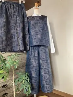 大島紬（絹）着物リメイク3点セットベスト、スカート、パンツ