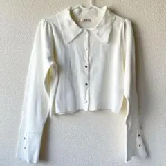 フレンチガーリー　バレエコア　ニットシャツ　パフスリーブ　カーディガン　ホワイト