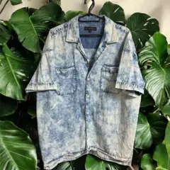 デニムブルー 半袖シャツ バックプリント付き