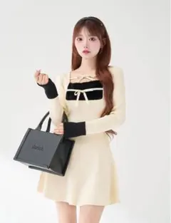 Darich リボンファーフレアニットミニワンピース ホワイト