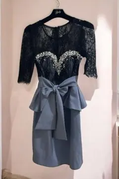 リボンレースビジューペプラム キャバドレス　ブラック　ブルー