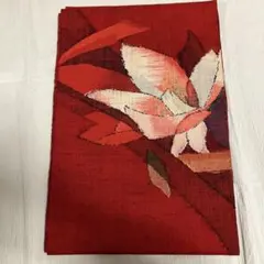 紬名古屋帯 赤地 花模様