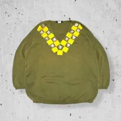 USA製ヴィンテージVネックコットンニットセーター装飾デザイングリーン80s古着