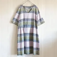 【ハンドメイド】エスニック柄 Vネック 半袖ワンピース