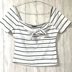 SHEIN ストライプ オフショルダー Tシャツ ボーダー リボン クロップド丈