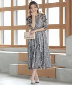 haremode 花柄刺繍ミディ丈ドレス　結婚式　お呼ばれ ドレス　M ブラック